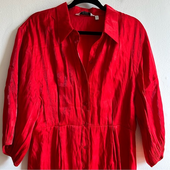 & Other Stories Red Shimmery Puff Sleeves Button Front Dress - Picture 3 of 12